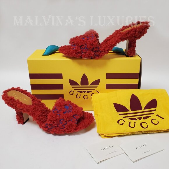 GUCCI SHOES ADIDAS TREFOIL GG LOGO SHEARLING EFFECT SLIDE SANDALS sz 39.5 9.5 - Picture 2 of 16